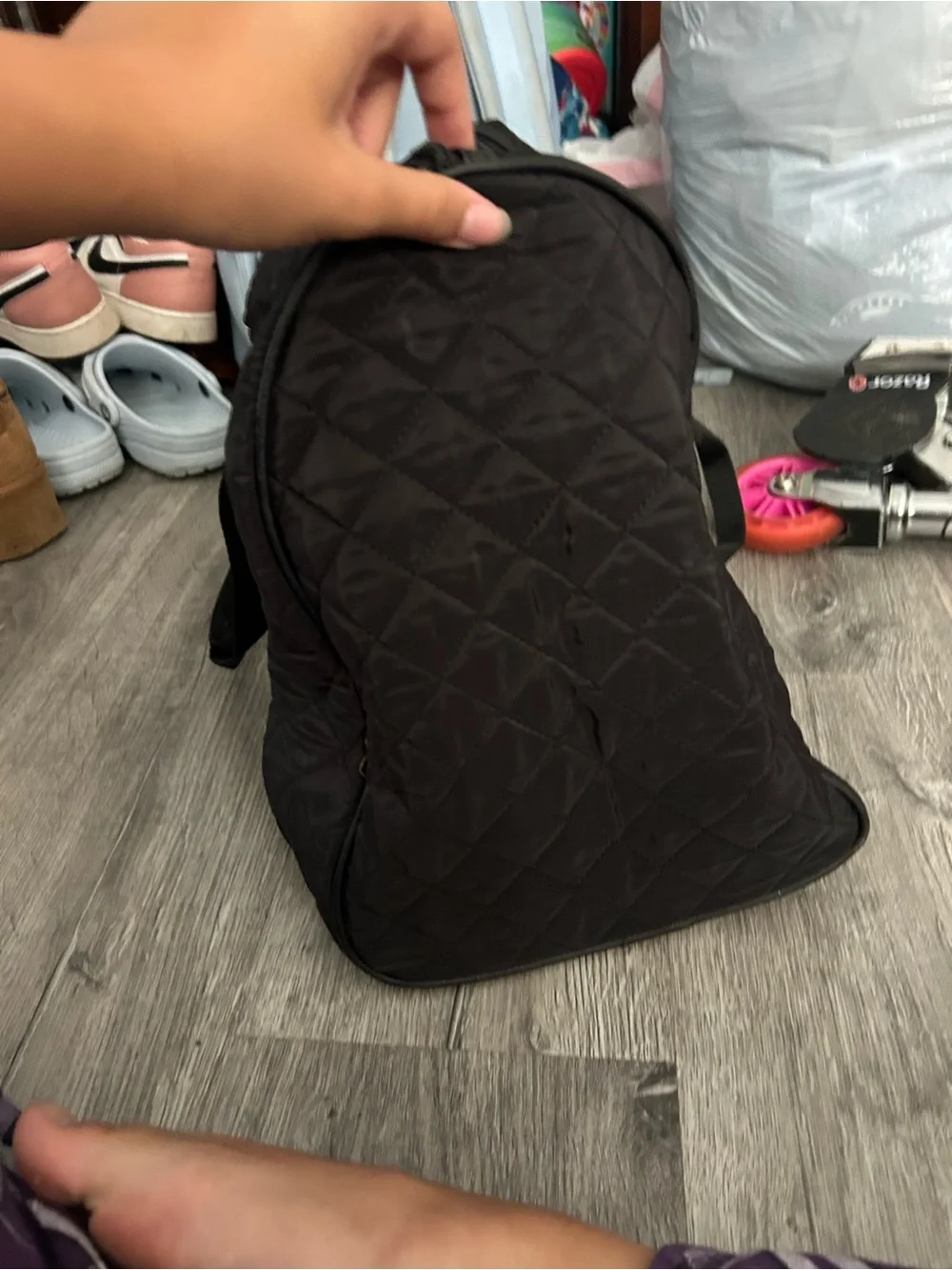 Black Quilted Tote Bag with Front Zip Pocket - Men